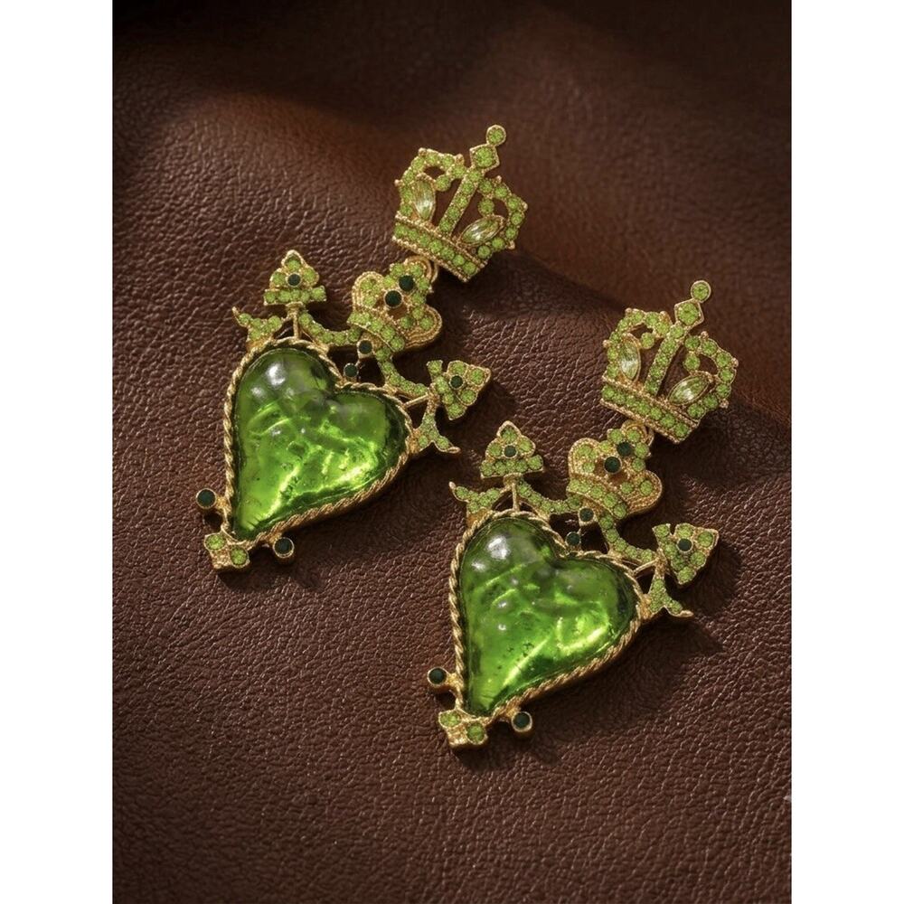 Antique Crystal Sacred Heart Lucite Crown Earrings Gold Museum Baroque Gothic CZ - Picture 4 of 9